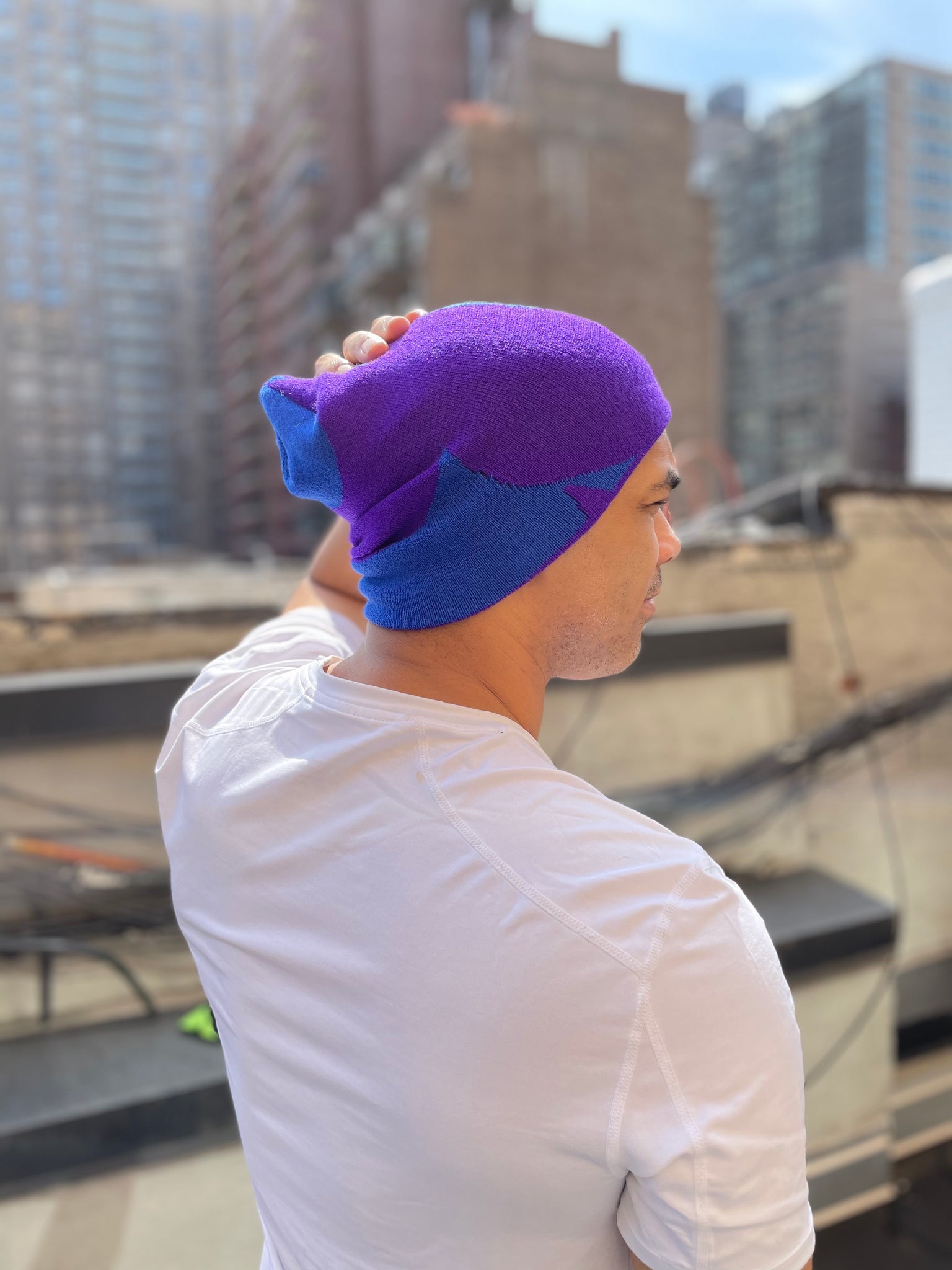 blue and purple beanie